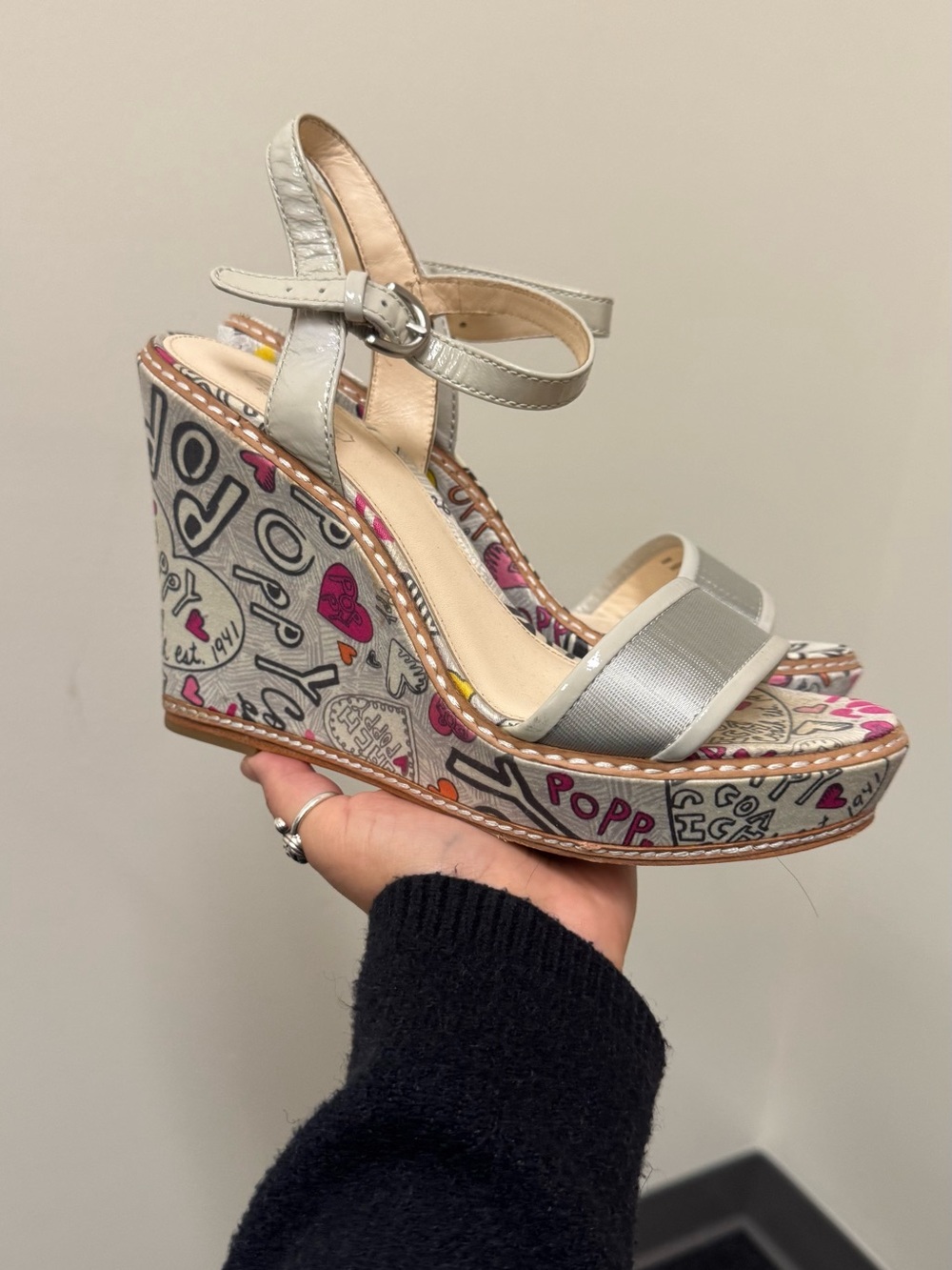 Coach Y2K Wedge Sandals with Graffiti-Print Platform in Light Gray